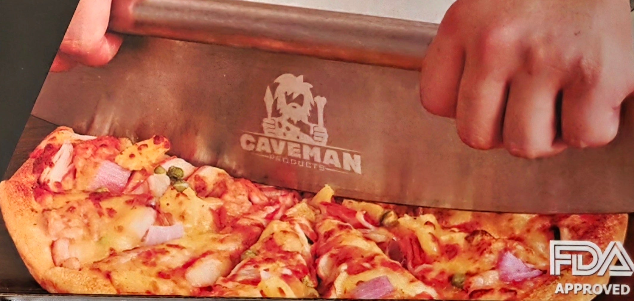 14 inch stainless steel rocker pizza cutter with black blade cover by Caveman Products